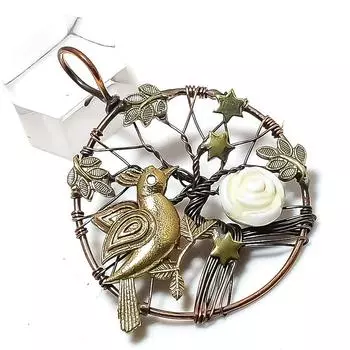 Carving Flower Gemstone Handmade Copper Wire Wrap Jewelry Pendant 2.17 j0J89