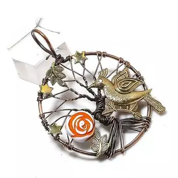 Carving Flower Gemstone Handmade Copper Wire Wrap Jewelry Pendant 2.17 y9N53