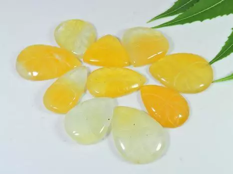 Carving Onyx Yellow Crytsal Pear Cabochon Loose Gemstone 10Pcs Lot 25-35MM RQ-2605