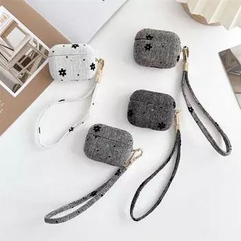 Case Creative Classy Niche Style Airpodspro2 Apple Bluetooth Earbuds Case 1/2 Generation Drop-Resistant Hard Case INS Style 5 Generation Airpods3 Airpods Pro Black snowflake soft linen [lanyard]]