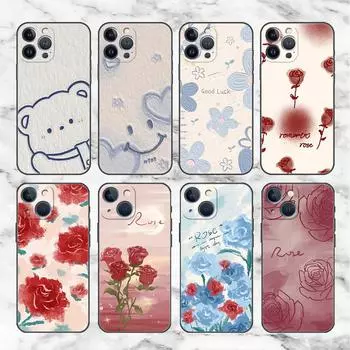 Case For Apple iPhone 14 11 13 7 12 Pro 7 XR XS Max 8 Plus 6 14Pro Black Soft Phone Coque Funda Flower Cute iPhone 14 Pro Max