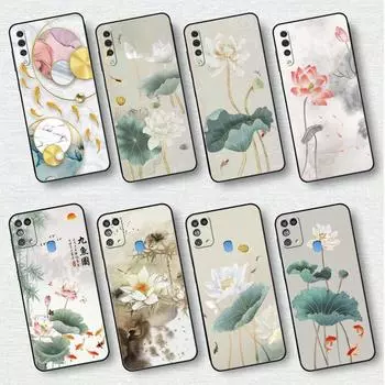 Case For Samsung Galaxy A50 A70 A30 A20s A20e A10 A40 A10s A10e M52 M51 M31 M30s M21 M13 5G Black Phone Cover Gold Foil Lotus Samsung A70