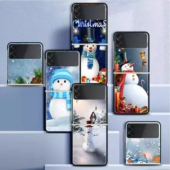 Case For Samsung Galaxy Z Flip 3 4 5G Black Hard PC Phone Housing Z flip4 Luxury Segmented Cover Cartoon Snowman Christmas Samsung Z Flip 3 5G