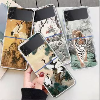 Case For Samsung Galaxy Z Flip 3 4 5G Transparent Hard Cell Phone Cover ZFlip Clear PC Luxury Coque Tiger Crane ART Samsung Z Flip 3 5G