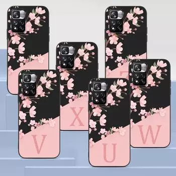 Case for Xiaomi Redmi Note 9S 9 8 10 11 Pro 9C 9A 7 8T 7A 8A 10S 11T 11E 9T Black TPU Phone Cover Cherry Blossom Pink Letter Redmi Note 11