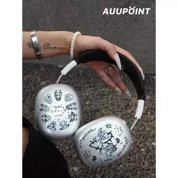 Case Little Angel Black and White Cartoon Hand-Painted Couple Apple Headset Protective Cover Trendy Cool Silicone Soft Shell Transparent Soft Shell airpodsmax1/2 Separate protective sleeve