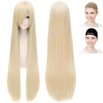 CaseEden Cosplay Light White Wig Set of 2 Wig, Smooth, Straight, Long, 100cm, Gold, Blonde, Melche, Net,