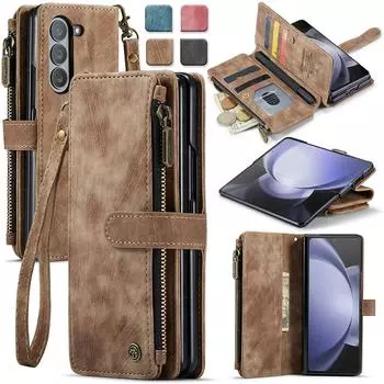 CaseMe Винтажный кожаный съемный чехол-книжка на магнитной молнии с отделением для карточек для телефона Samsung Galaxy Z Fold 5 4 3 Fold5 Fold4 Fold3 Противоударный чехол Samsung Galaxy Z Fold 3 чёрный