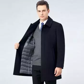 Cashmere coat for men medium length thickened cold-proof removable down liner high-end woolen windbreaker jacket for men 170