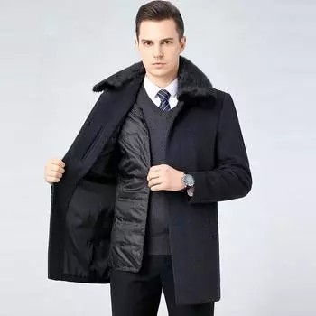 Cashmere coat for men, mid-length, middle-aged, winter, thickened down, gall-free, woolen woolen coat, dad s woolen coat 170