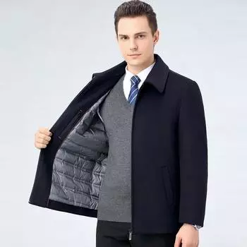 Cashmere woolen coat men s short thickened white duck down lining wool jacket dad warm coat men 170