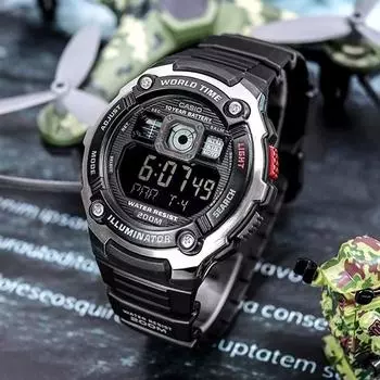 Casio, 10-летняя батарея, 200-метровые водонепроницаемые часы с авиационным дисплеем, военные водонепроницаемые часы 2000, черные B