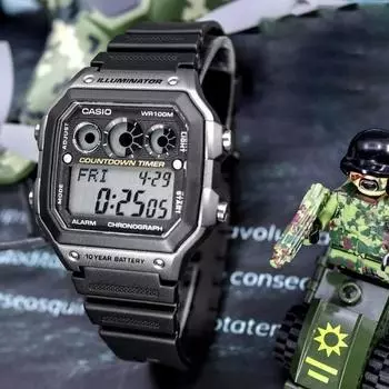 Casio, аккумулятор, 10 лет, водонепроницаемость 100 метров, спортивные водонепроницаемые часы со светодиодной подсветкой, 1300, уголь