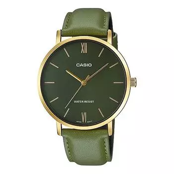 Casio Мужские кварцевые часы CASIO MTP-VT01GL-3B с ремешком из золота и зеленой кожи, модель Overseas