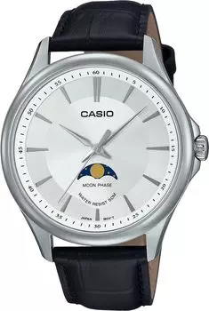 [Casio] CASIO Стандартные аналоговые мужские часы с фазами Луны MTP-M100L-7AV с круглым циферблатом и кожаным ремешком, серебристая модель Overseas [Параллельный импорт]
