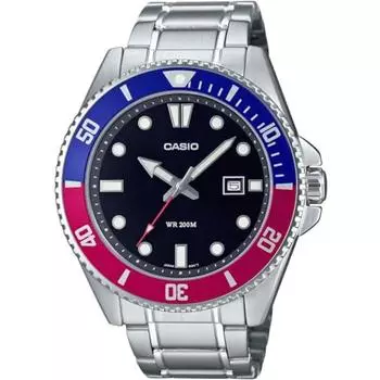 Casio CASIO Стандартные аналоговые спортивные водонепроницаемые часы MDV-107D-1A3V мужские с синим и красным безелем, металлический браслет, модель Overseas