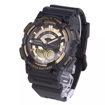 CASIO Casio Стандартные часы мужские водонепроницаемые Ana-Digi резиновые черные золотые AEQ-110BW-9A [Товар]