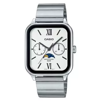 CASIO Casio Стандартные многофункциональные серебряные часы с фазами Луны Аналоговые часы с указателем дня недели Дата Календарь Бизнес Работа Прямоугольник Прямоугольник Нержавеющая сталь