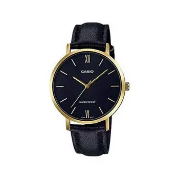 CASIO Casio Стандартные женские часы для детей и девочек дешевые Casio Chipkashi аналоговые черные золотые золотые кожаные кожаные часы с ремешком LTP-VT01GL-1B [Товар]