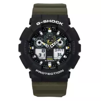 Casio G-Shock Аналогово-цифровые часы с полимерным ремешком, черный циферблат, кварцевые GA-100TU-1A3 200M Мужские часы чёрный