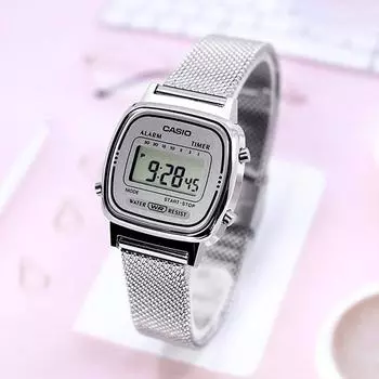 Casio классический ретро-дизайн серебряная сетка без пряжки мини-квадратные часы 670 серебряная сетка