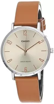 Casio LTP-VT01L-5B Женские минималистичные аналоговые часы с бежевым циферблатом и коричневым кожаным ремешком, коричневый цвет