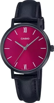 Casio LTP-VT02BL-4A женские минималистичные аналоговые часы с черным IP-покрытием и красным циферблатом на кожаном ремешке, с тремя стрелками, кварцевый механизм.