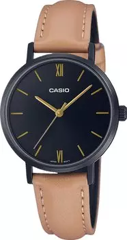 Casio Minimal Black IP Черный циферблат кожаный ремешок 3 стрелки аналоговые часы LTP-VT02BL-1A женские