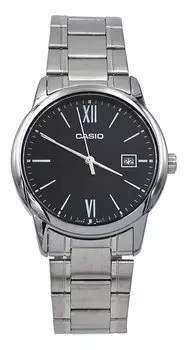 Casio MTP-V002D-1B3 Мужские стандартные аналоговые часы из нержавеющей стали с датой в римском стиле с черным циферблатом, черный///белый, браслет