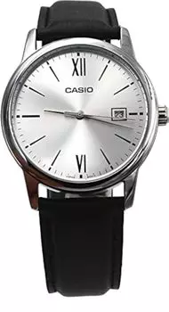 Casio MTP-V002L-7B3 Мужские стандартные аналоговые часы с черным кожаным ремешком и серебристым циферблатом, цвет черный///белый, кварцевый механизм.