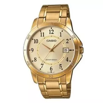 Casio #MTP-V004G-9B Мужские стандартные золотые часы из нержавеющей стали с золотым циферблатом и датой