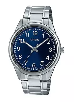 Casio MTP-V005D-2B4 Мужские стандартные аналоговые часы из нержавеющей стали с синим легко читаемым циферблатом, аналоговые часы с кварцевым механизмом.