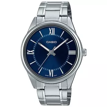Casio MTP-V005D-2B5 Мужские стандартные аналоговые часы из нержавеющей стали с синим римским циферблатом