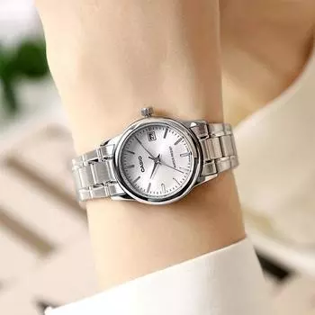 Casio small size female student mineral glass dress watch 002 silver white