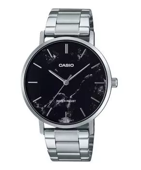 Casio Стандартные аналоговые часы из нержавеющей стали с черным циферблатом и мраморным узором, кварцевые часы MTP-VT01DM-1A для мужчин чёрный