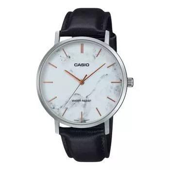 Casio Стандартные аналоговые мужские часы с черным кожаным ремешком и белым циферблатом в мраморном стиле MTP-VT01LM-7A белый