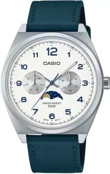 CASIO Стандартные аналоговые мужские часы с фазами Луны MTP-M300L-7AV зеленовато-голубой кожаный ремешок белая модель Overseas [Параллельный импорт]