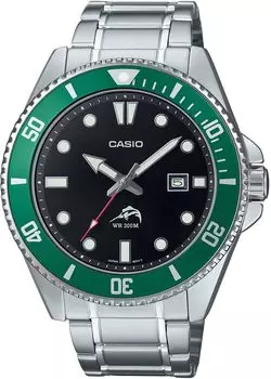 CASIO Стандартные аналоговые спортивные водонепроницаемые часы 20 ATM с зеленым безелем и металлическим ремешком, модель Overseas [Casio] MDV-106DD-1A3V Мужские [Товар]