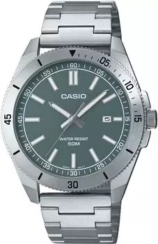 CASIO Стандартные кварцевые аналоговые водонепроницаемые часы 5 ATM с серо-зеленым металлическим ремешком, модель Overseas [Casio] MTP-B155D-3EV мужские [Товар]