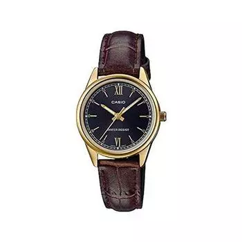 Casio Стандартные женские часы для детей и девочек дешевые Casio Chipkashi аналоговые черные золотые золотые кожаные кожаные часы с ремешком [Casio] LTP-V005GL-1B2 [Товар]