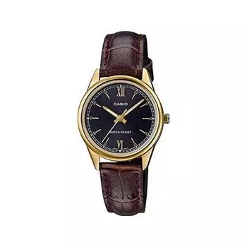 Casio Стандартные женские часы для детей и девочек дешевые Casio Chipkashi аналоговые черные золотые золотые кожаные кожаные часы с ремешком [Casio] LTP-V005GL-1B2 [Товар]