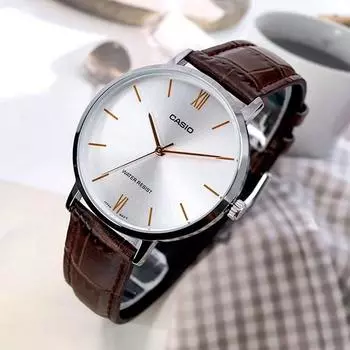 Casio Винтажные круглые тонкие женские повседневные кожаные часы среднего размера