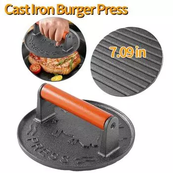 Cast Iron Burger Press Hamburger Patties Meat Masher Circular Meat Press Mold Non-Stick for Deli Meats Kitchen Accessories