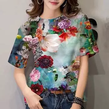 Casual 3d Print T Shirts Fashionable, High-quality and Comfortable Flower Patterned Short Sleeved Round Neck T-shirt XS