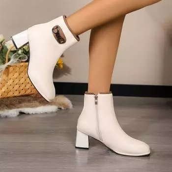 Casual All-match Single Boots 2025 New Big Size Autumn Square Head French Thick Heel Solid Color Women s Riding Boots 35