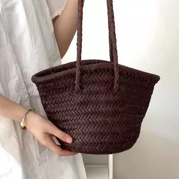 Casual All-matching Leather Woven Bag Women 2025 New Summer French style Retro Straw Bag Large Capacity Tote Bag Curry