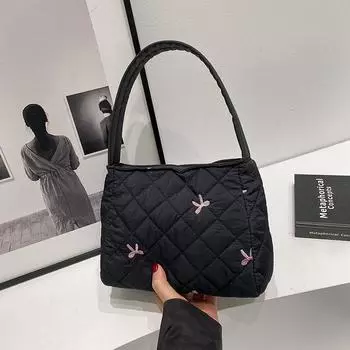 Casual and lightweight rhombus cloth bag women s 2025 new autumn and winter cotton bag going to work shoulder bag bucket bag чёрный