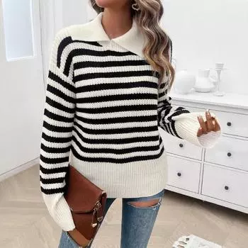 Casual and Simple Striped Lapel Women s Sweater for Spring and Summer S чёрный