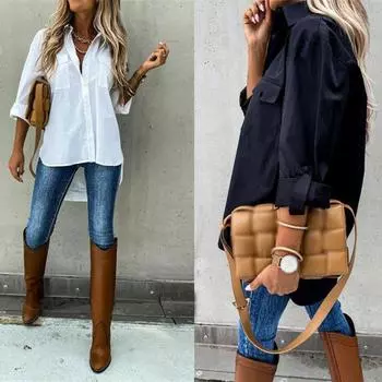 Повседневная блузка с длинным рукавом на пуговицах, мешковатая рубашка для женщин, свободная S чёрный