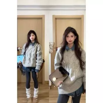 Casual Cable-Knit Sweater Female Fall Winter Fashion Trendy Cute Loose and Lazy Style Pullover Knitting Thickened Outerwear Top Gray L